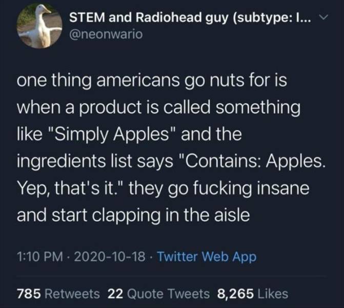 atmosphere - Stem and Radiohead guy subtype I... one thing americans go nuts for is when a product is called something "Simply Apples" and the ingredients list says "Contains Apples. Yep, that's it." they go fucking insane and start clapping in the aisle 