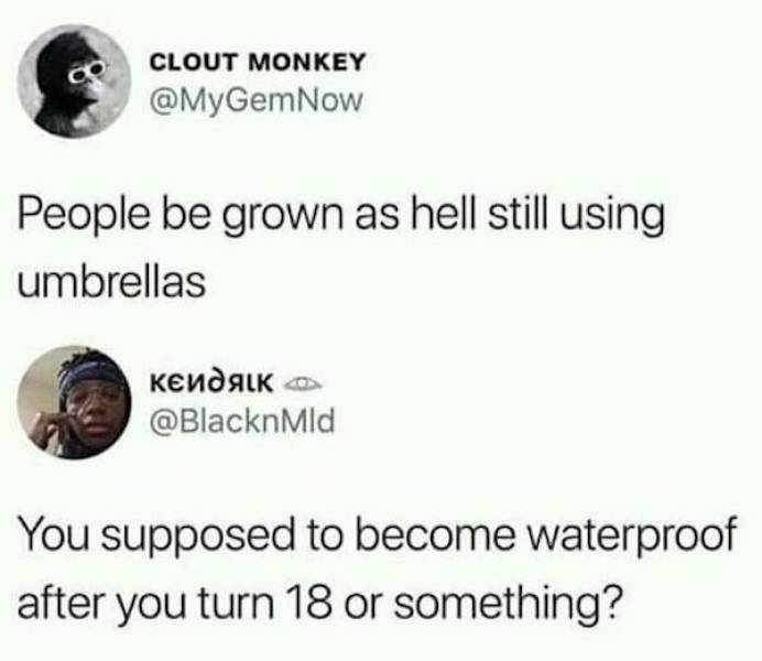 mail funny - Clout Monkey People be grown as hell still using umbrellas Kendalk Mld You supposed to become waterproof after you turn 18 or something?