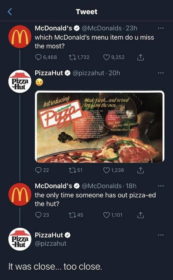 recipe - Tweet McDonald's 23h which McDonald's menu item do u miss the most? 6,468 121,732 9,252 Pizza Hut . 20h Pizza Hut Introducing Midc push and sound heffion the oven McDonald's New Piazza me time By Mic low pa a Anytime after 4 22 1251 1,238 McDonal