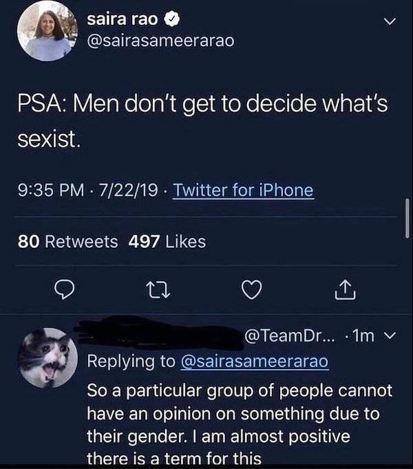 many hours a week do you spend - saira rao Psa Men don't get to decide what's sexist. 72219. Twitter for iPhone 80 497 ....1m v So a particular group of people cannot have an opinion on something due to their gender. I am almost positive there is a term f