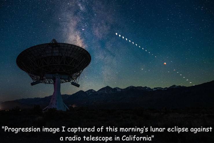 cool random pics - sky - "Progression image I captured of this morning's lunar eclipse against a radio telescope in California"