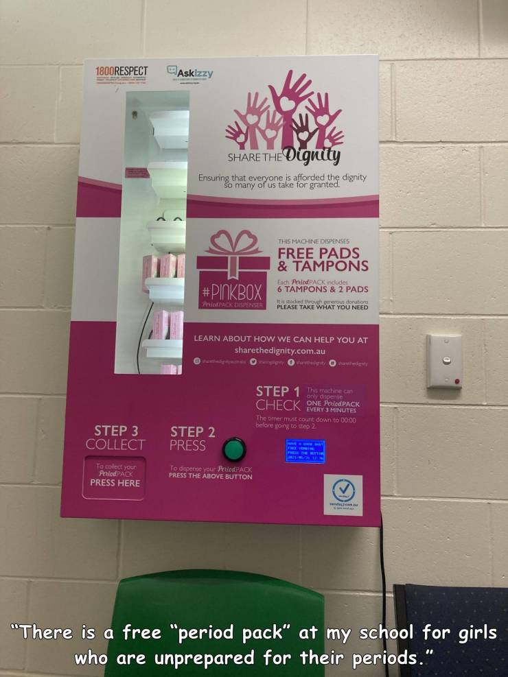 volunteer - 1800RESPECT Askizzy The Dignity Ensuring that everyone is afforded the dignity so many of us take for granted. This Machine Dispenses Free Pads & Tampons Each Prated Pack ncludes 6 Tampons & 2 Pads We Pack Dispenser It stocked thougerous donat