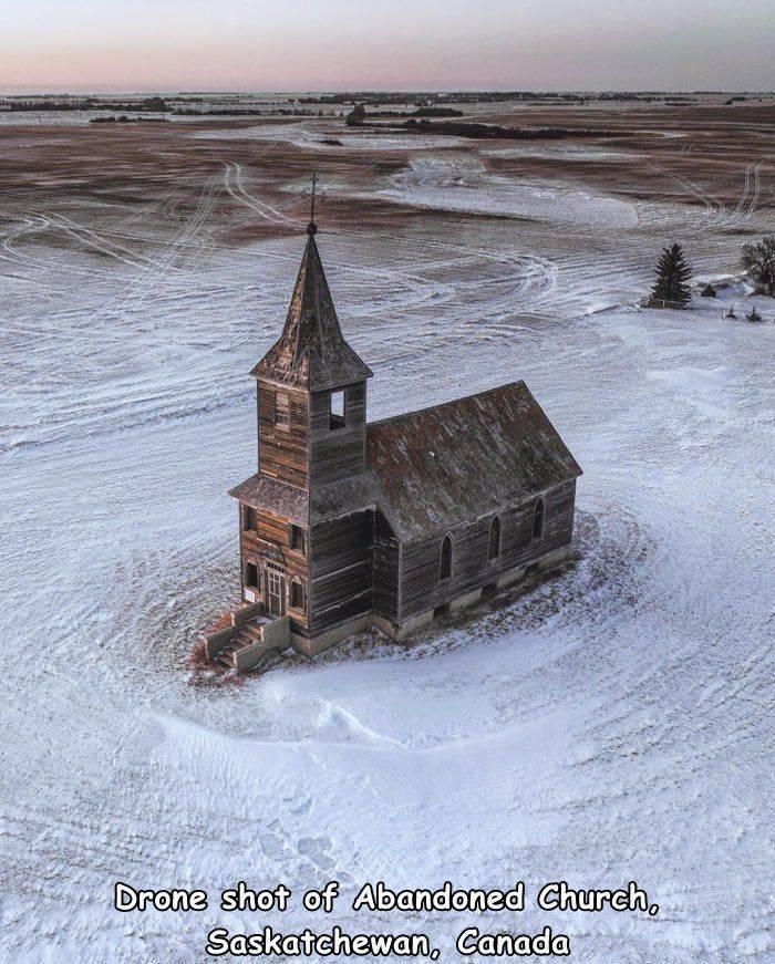winter - Drone shot of Abandoned Church, Saskatchewan, Canada