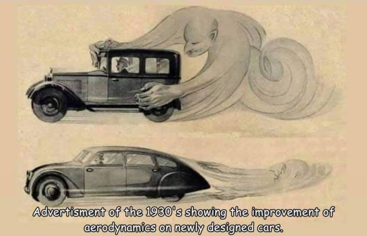 1930's aerodynamic cars - Advertisment of the 1930's showing the improvement of aerodynamics on newly designed cars.