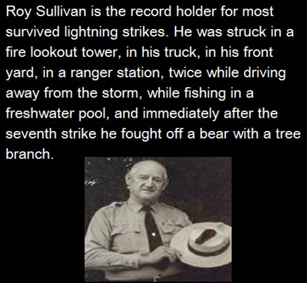 human behavior - Roy Sullivan is the record holder for most survived lightning strikes. He was struck in a fire lookout tower, in his truck, in his front yard, in a ranger station, twice while driving away from the storm, while fishing in a freshwater poo