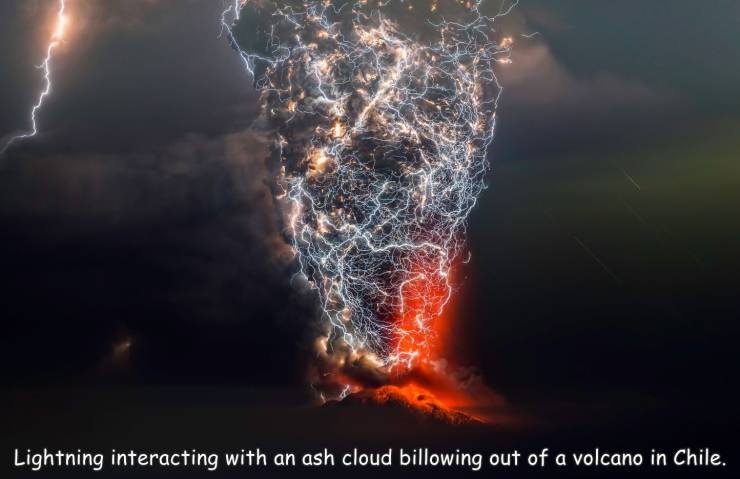 volcanic eruption lightning - Lightning interacting with an ash cloud billowing out of a volcano in Chile.