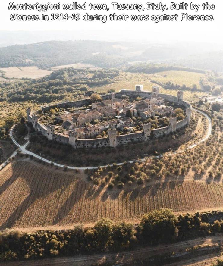 bird's eye view - Monteriggioni walled town, Tuscany, Italy. Built by the Sienese in 121419 during their wars against Florence