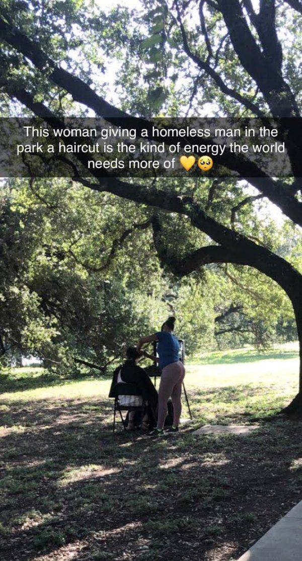 tree - This woman giving a homeless man in the park a haircut is the kind of energy the world needs more of ou