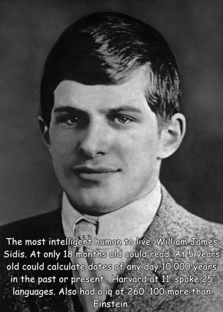 funny photos - william james sidis - The most intelligent human to live. William James Sidis. At only 18 months old could read. At 5 years old could calculate dates of any day 10,000 years in the past or present. Harvard at 11. spoke 25 languages. Also ha