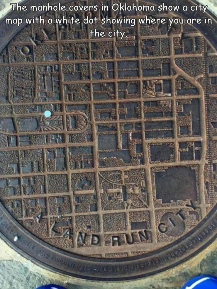 fun pics - fun randoms - oklahoma city map manhole - The manhole covers in Oklahoma show a city map with a white dot showing where you are in the city. Sys C Nd Run 10 settlement and provisional may croma Ginelo