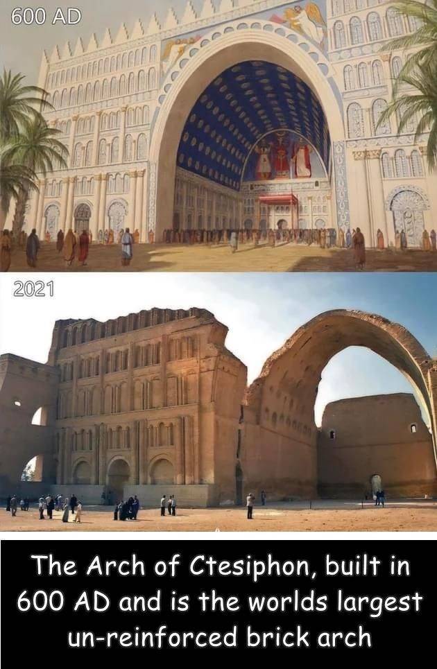 ancient sumerian buildings - 600 Ad 2021 ac The Arch of Ctesiphon, built in 600 Ad and is the worlds largest unreinforced brick arch
