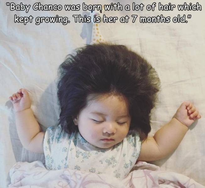 "Baby Chanco was born with a lot of hair which kept growing. This is her at 7 months old."