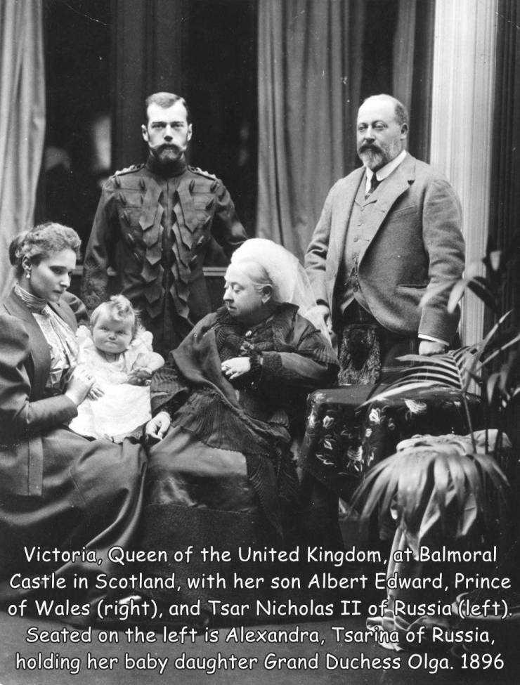 queen victoria - 9 Victoria, Queen of the United Kingdom, at Balmoral Castle in Scotland, with her son Albert Edward, Prince of Wales right, and Tsar Nicholas Ii of Russia left. Seated on the left is Alexandra, Tsarina of Russia, holding her baby daughter