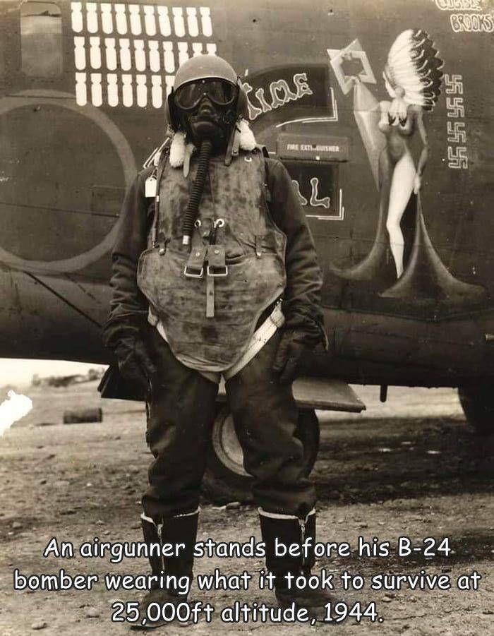 awesome images - cool photos - ww2 bomber crewman - Brooks 5464 Retler 2 An airgunner stands before his B24 bomber wearing what it took to survive at 25,000ft altitude, 1944.