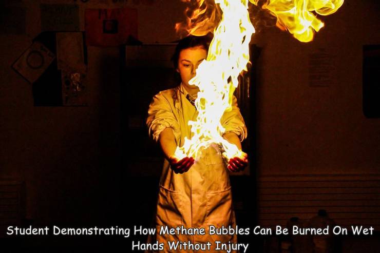 performance art - Student Demonstrating How Methane Bubbles Can Be Burned On Wet Hands Without Injury