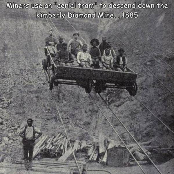 kimberly diamond mines - Miners use an "aerial tram" to descend down the Kimberly Diamond Mine. . 1885