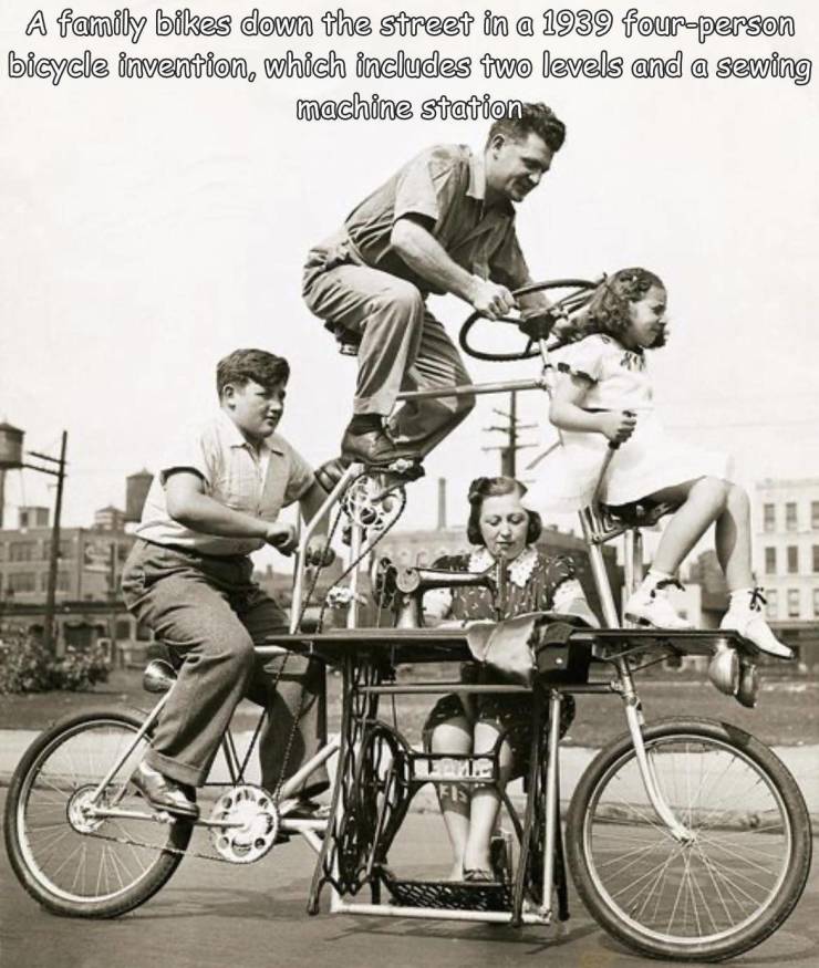 family bicycle charles steinlauf - A family bikes down the street in a 1939 fourperson bicycle invention, which includes two levels and a sewing machine station Fis