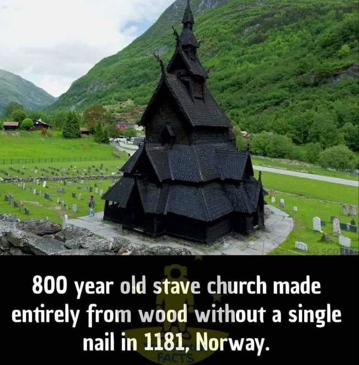 borgund stave church - 800 year old stave church made entirely from wood without a single nail in 1181, Norway. Facts