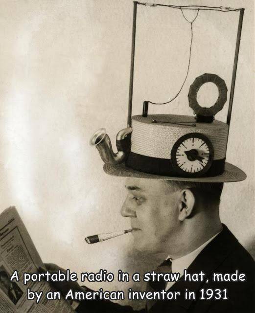 vintage inventions - A portable radio in a straw hat, made by an American inventor in 1931