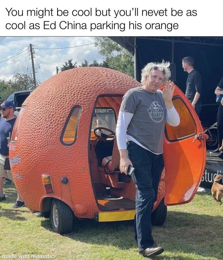 cool and interesting random pics -  car - You might be cool but you'll nevet be as cool as Ed China parking his orange Worshop Diaries stuces made with mematic