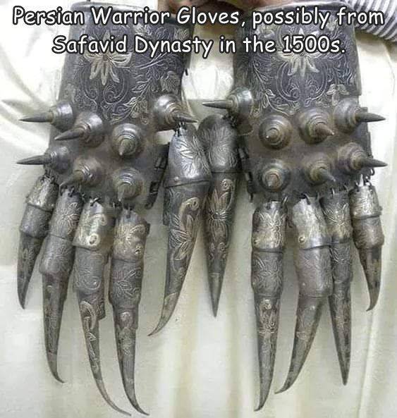 warrior gloves in the shape of a bear paw used by persian warriors - Persian Warrior Gloves, possibly from Safavid Dynasty in the 1500s.