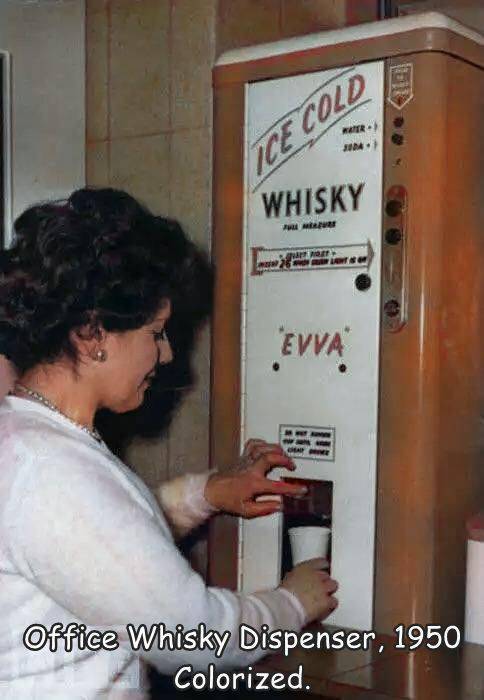funny photos - whiskey dispenser vintage - Rar Jim Ice Cold Whisky Evva Office Whisky Dispenser, 1950 Colorized.