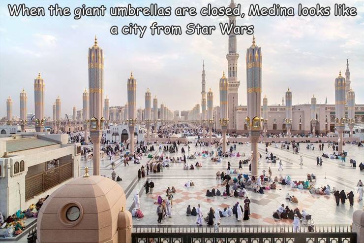 funny photos - al masjid an nabawi - When the giant umbrellas are closed, Medina looks a city from Star Wars