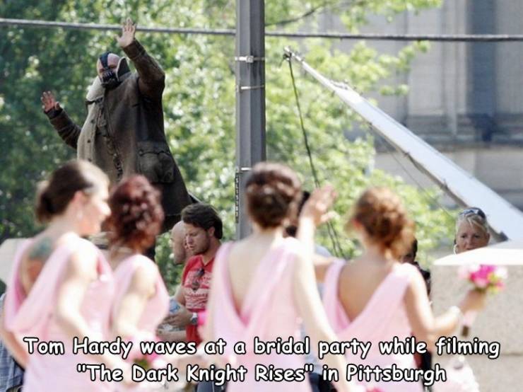 cool photos - fun pics - tom hardy bane wedding - Tom Hardy waves at a bridal party while filming a The Dark Knight Rises" in Pittsburgh