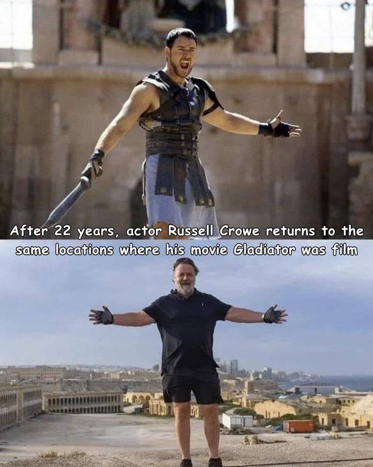 cool photos - fun pics - russell crowe gladiator - After 22 years, actor Russell Crowe returns to the same locations where his movie Gladiator was film ov
