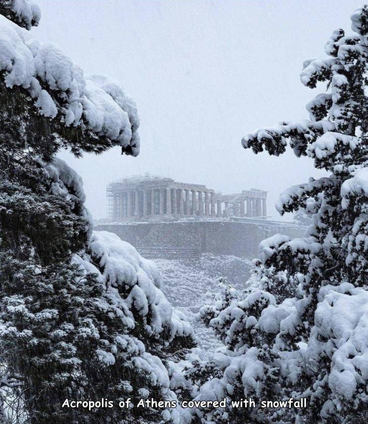 cool photos - fun pics - parthenon snow - Acropolis of Athens covered with snowfall