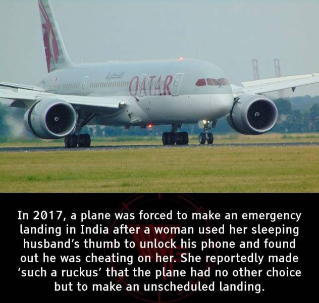 fun randoms - Qatar Airways - Catar In 2017, a plane was forced to make an emergency landing in India after a woman used her sleeping husband's thumb to unlock his phone and found out he was cheating on her. She reportedly made 'such a ruckus' that the pl