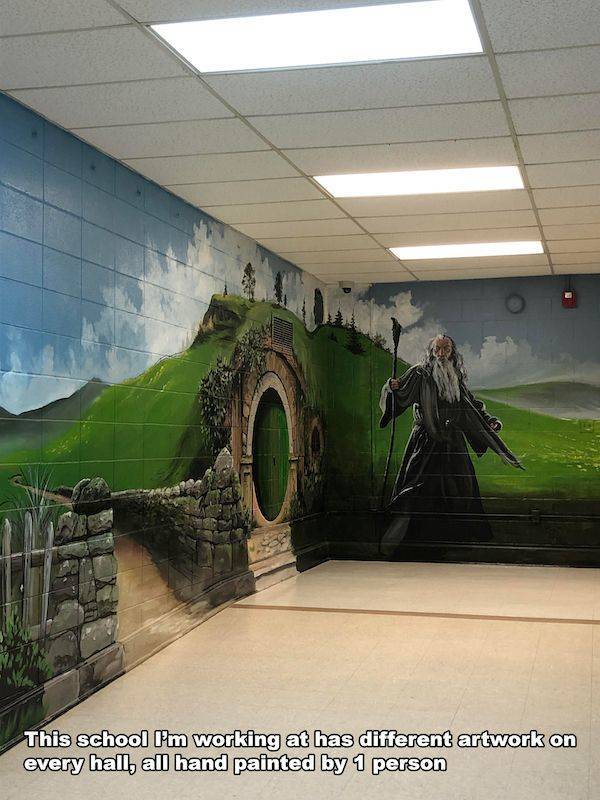 cool random pics - wall - This school I'm working at has different artwork on every hall, all hand painted by 1 person