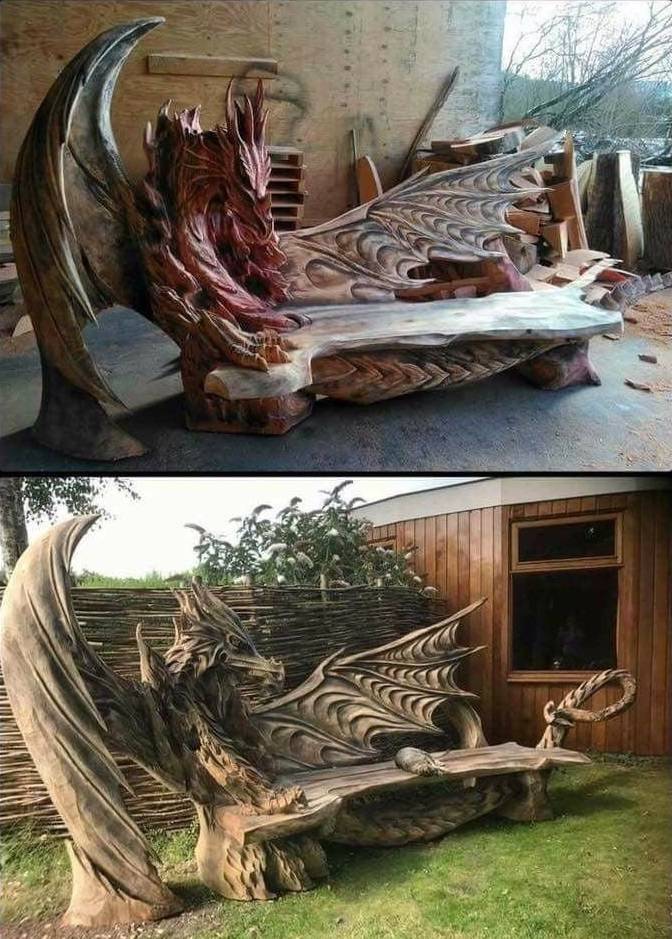 random photos - wood carved dragon bench