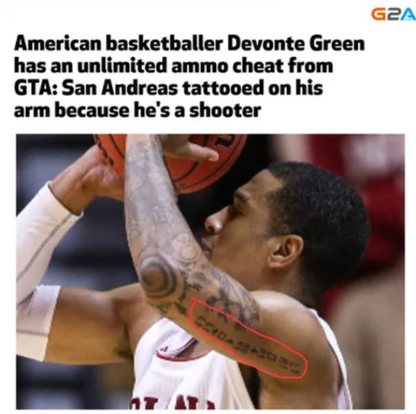 random photos - infinite ammo cheat code gta san andreas - G2A American basketballer Devonte Green has an unlimited ammo cheat from Gta San Andreas tattooed on his arm because he's a shooter CD2130 n