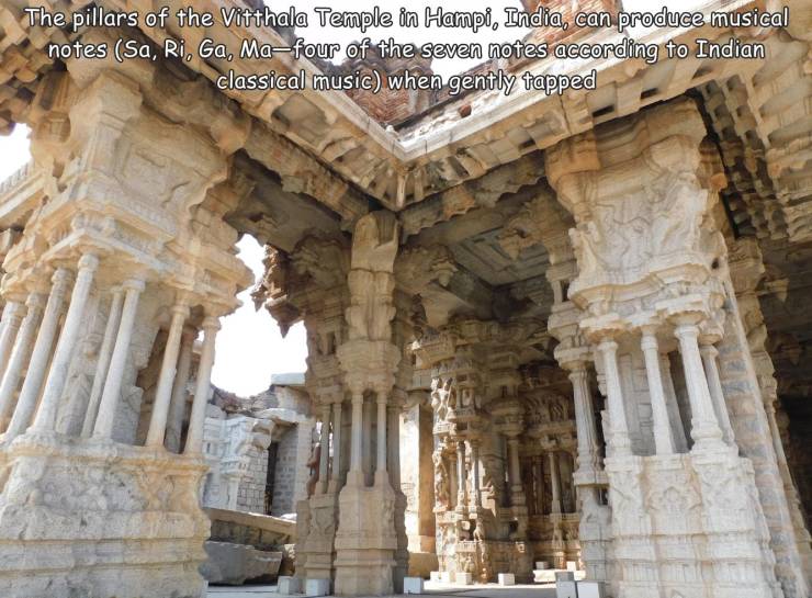 random photos - vijaya vittala temple - The pillars of the Vitthala Temple in Hampi, India, can produce musical notes Sa, Ri, Ga, Mafour of the seven notes according to Indian classical music when gently tapped