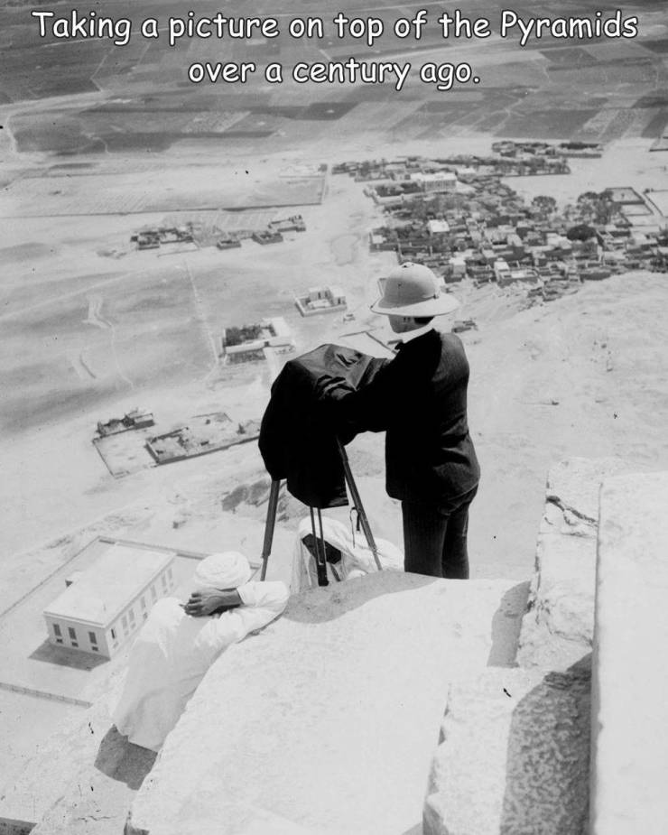 random photos - great pyramid tourists vintage - a Taking a picture on top of the Pyramids over a century ago.