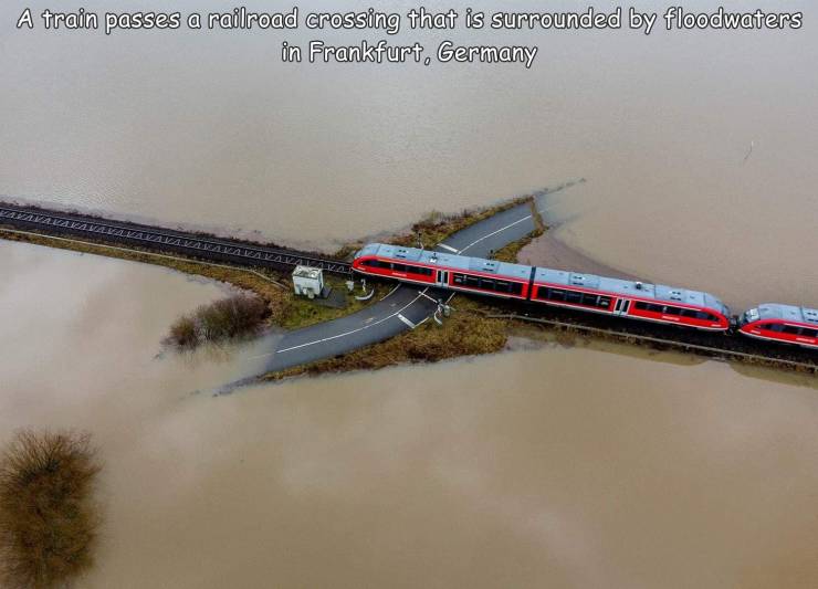fun randoms - funny photos - germany flood train - A train passes a railroad crossing that is surrounded by floodwaters in Frankfurt, Germany 0