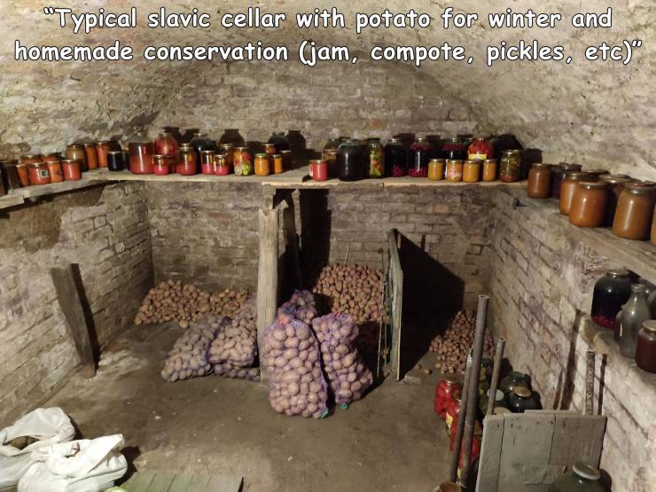 archaeological site - Typical slavic cellar with potato for winter and homemade conservation jam, compote, pickles, etc