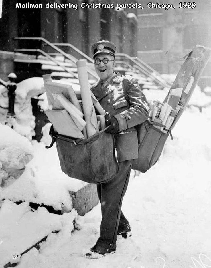 mailman christmas 1929 - Mailman delivering Christmas parcels, Chicago, 1929 H