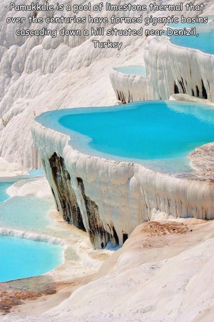fun randoms - natural swimming pool in turkey - Pamukkale is a pool of limestone thermal that over the centuries have formed gigantic basins cascading down a hill situated near Denizl, Turkey