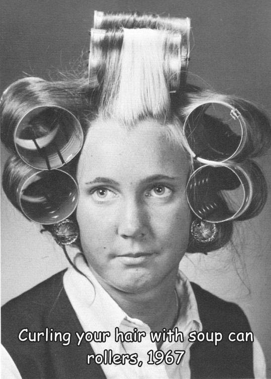 fun randoms - soup can hair rollers - Curling your hair with soup can rollers, 1967