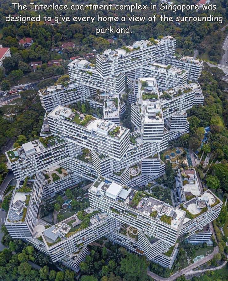 fun randoms - bird's eye view - The Interlace apartment complex in Singapore was designed to give every home a view of the surrounding a parkland.