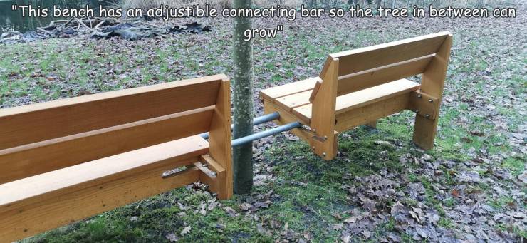 bench - "This bench has an adjustible connecting bar so the tree in between can grow"