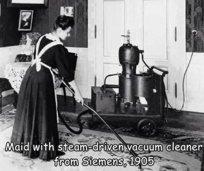 first vacuum cleaner - 12 Maid with steamdriven vacuum cleaner from Siemens, 1905