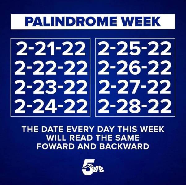 fun randoms - fascinating photos - number - Palindrome Week 22122 22522 22222 22622 22322 22722 22422 22822 The Date Every Day This Week Will Read The Same Foward And Backward 502