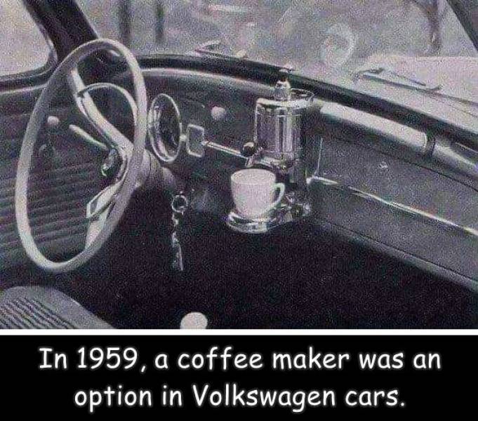 fun randoms - fascinating photos - volkswagen 1959 coffee machine - In 1959, a coffee maker was an option in Volkswagen cars.