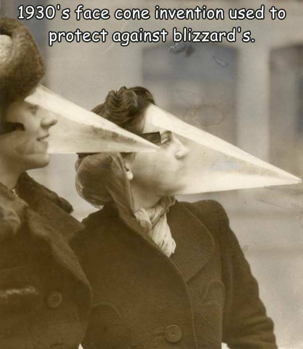 fun rnadoms - cool inventions - 1930's face cone invention used to protect against blizzard's.