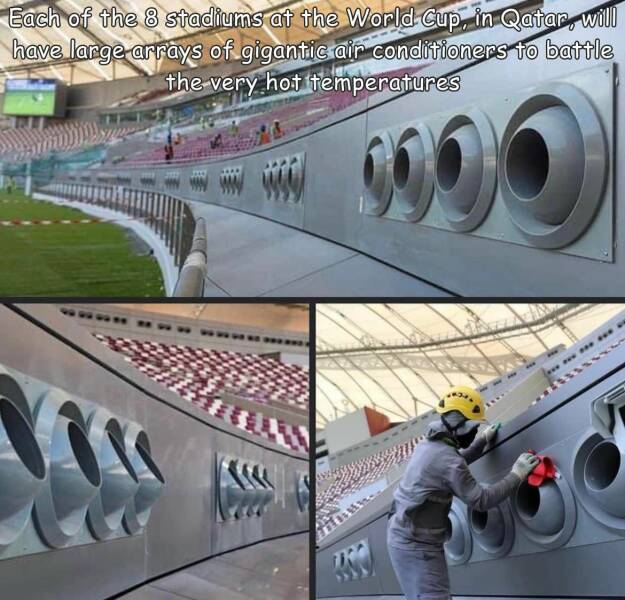 funny photos - qatar outdoor air conditioning - Each of the 8 stadiums at the World Cup, in Qatar, will have large arrays of gigantic air conditioners to battle the very hot temperatures 1990 se de