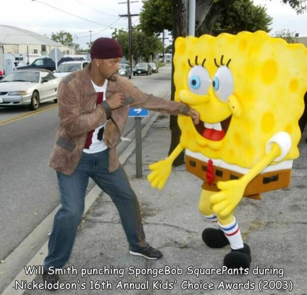 fun randoms - cool stuff - mascot - Will Smith punching SpongeBob SquarePants during Nickelodeon's 16th Annual Kids' Choice Awards 2003
