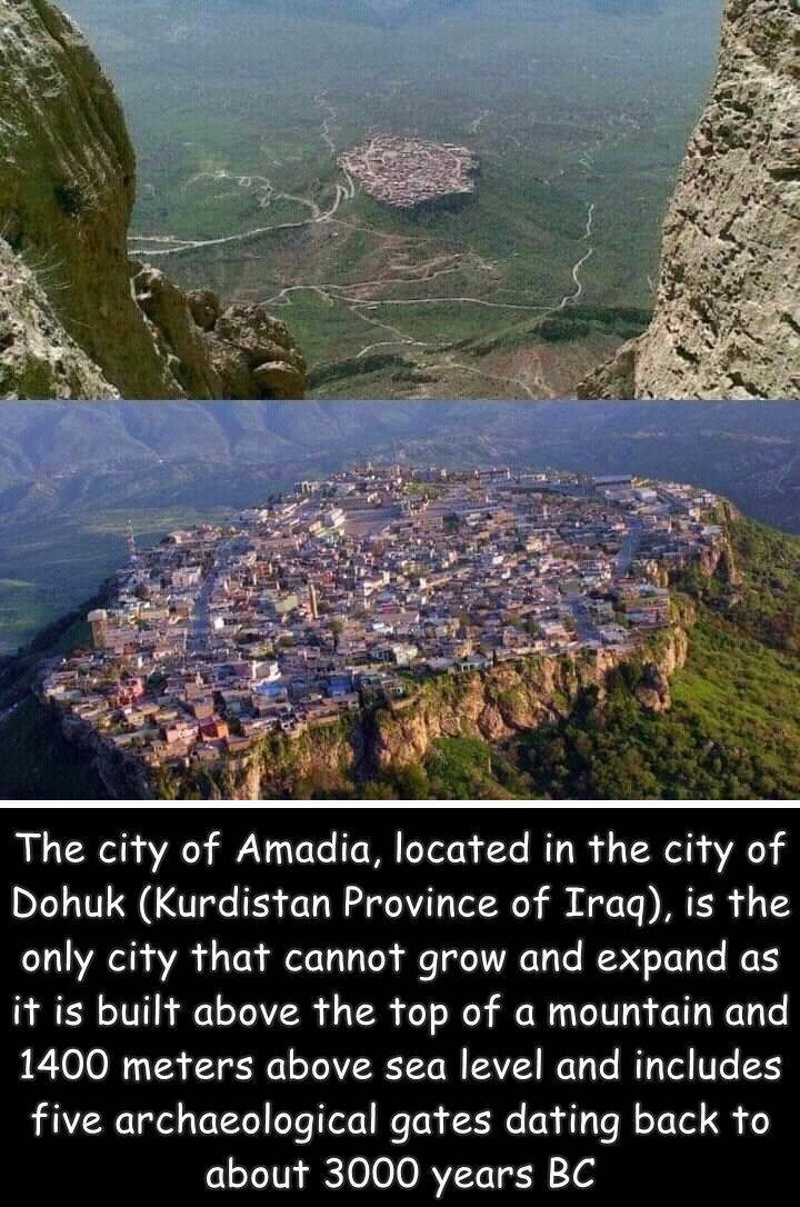 fun randoms - cool stuff - amedi kurdistan - The city of Amadia, located in the city of Dohuk Kurdistan Province of Iraq, is the only city that cannot grow and expand as it is built above the top of a mountain and 1400 meters above sea level and includes 